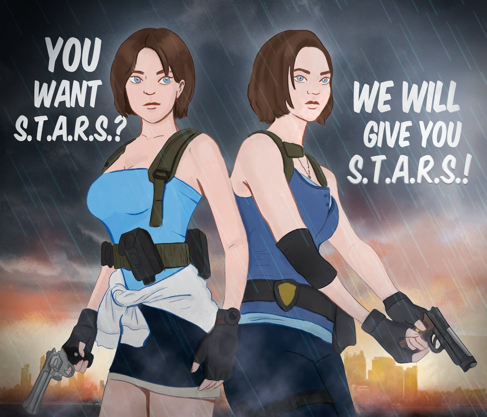 Las dos versiones de Jill Valentine ilustradas por Laura López, comisionadas por Michell Mor