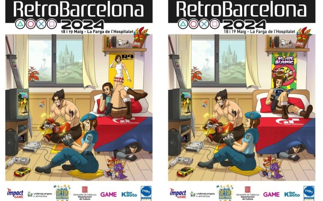 Cartel antes y después de RetroBarcelona con Jill Valentine, Jin Kazama y Lara Croft